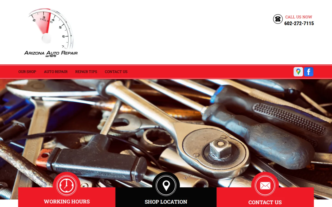 Original Arizona Auto Repair homepage — dim tool photo with red overlay icons