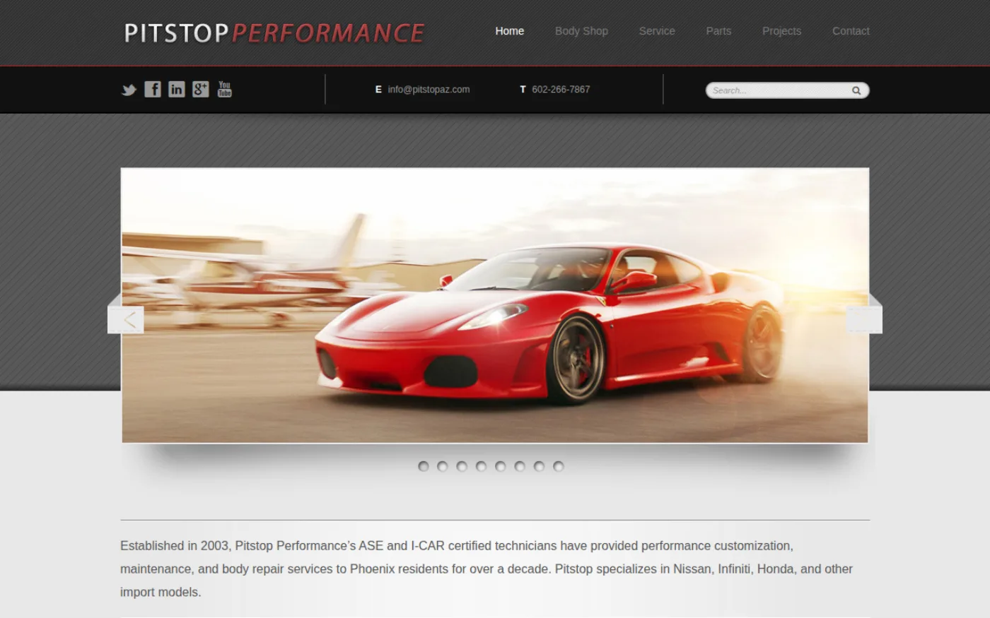 Original Pitstop Performance homepage — dated 2010s template with Flash-era stock photo